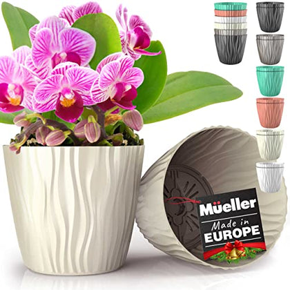 Mueller Austria Plant and Flower Pot 2/1 Set, Heavy Duty 6 Inch European Made Stylish Indoor/Outdoor Decorative Planter, for All House Plants, Flowers, Herbs, Beige