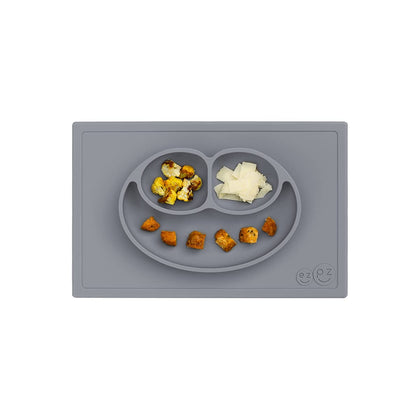 ezpz Happy Mat (Gray) New Version - 100% Silicone Suction Plate with Built-in Placemat for Toddlers + Preschoolers - Divided Plate - Dishwasher Safe