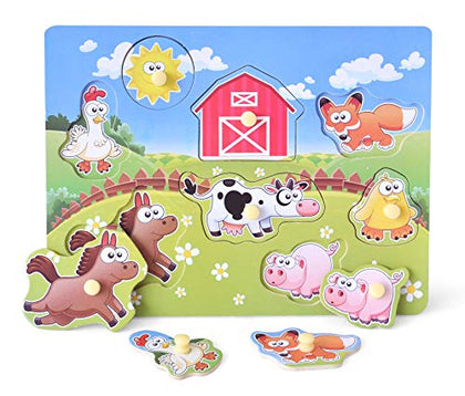 Wooden Peg Puzzle, Farm Chunky Baby Puzzles, Full-Color Pictures Wood Shape Puzzle Peg Board, Animal Knob Puzzle for Educational Toddlers 18Months and up, 8 Pieces
