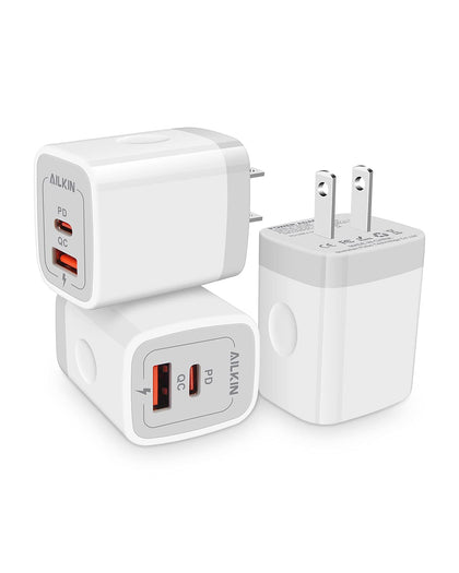 3Pack Dual Port USB-C Wall Plug-in USB Charger, AILKIN 20W Power Delivery + QC3.0 A Double Fast Charging Block for iPhone 15 14 13 12 Pro Max Mini 11 Plus SE X XS Cube