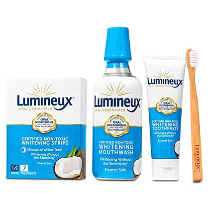 Lumineux Teeth Whitening Kit - Includes 7 Whitening Treatments, 1 Mouthwash, 1 Toothpaste & 1 Toothbrush - Natural & Enamel Safe for Sensitive Teeth - Fluoride Free, SLS Free & Dentist Formulated