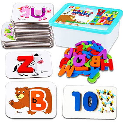CozyBomB Toddler Alphabet Flash Cards - Preschool Activities Learning Montessori Toys ABC Wooden Letters Jigsaw Numbers Alphabets Puzzles Flashcards for Age 2 3 4 Years Old Educational for Kids Baby