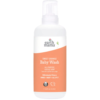Earth Mama Baby Wash with Gentle Castile Soap for Sensitive Skin, Sweet Orange, 34-Fluid Ounce