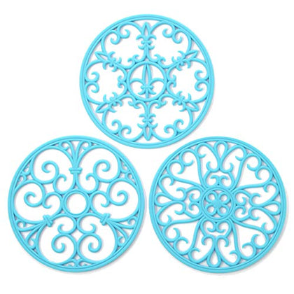 Silicone Trivet Mat - Non-Slip & Heat Resistant Kitchen Hot Pads for Countertops & Table - Kitchen Trivets for Hot Dishes & Cookware - Hot Pot Holder for Pots & Pans - Sky Blue,Set of 3