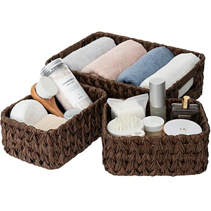 GRANNY SAYS Wicker Baskets for Organizing, Nesting Storage Baskets for Shelves, 1 Large and 2 Small Wicker Baskets Waterproof, Brown, 3-Pack
