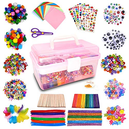 Irichna 1000+ Pcs Art and Craft Supplies for Kids, Toddler DIY Craft Art Supply Set Included Pom Poms, Pipe Cleaners, Feather, Folding Storage Box - All in One for DIY Craft Set (Pink)