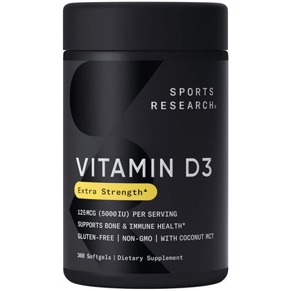 Sports Research Vitamin D3 5000 IU with Coconut MCT Oil - High Potency Vitamin D Supplement for Immune & Bone Support - Non-GMO Verified, Gluten & Soy Free - 125mcg, 360 Liquid Softgels