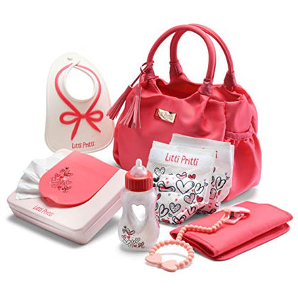 Litti Pritti Baby Doll Accessories - Diaper Bag Set - Premier Playtime Playset for Baby Dolls - Baby Doll Diapers, Magic Bottle, Wipes & More - Toy for 3 4 5 6 7 8 Year Old - Gifts for Toddler Girls