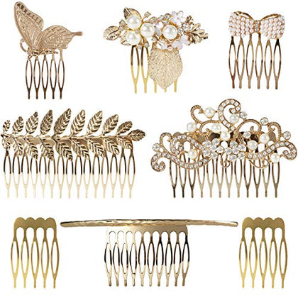8 Pack Large Gold Crystal Pearl Rhinestone Metal Hair Side Combs Clip With Teeth Grip Clasp Barrettes Pins for Women Bridal Wedding Veil Decorative Headpiece French Twist Updo Vintage Accessories