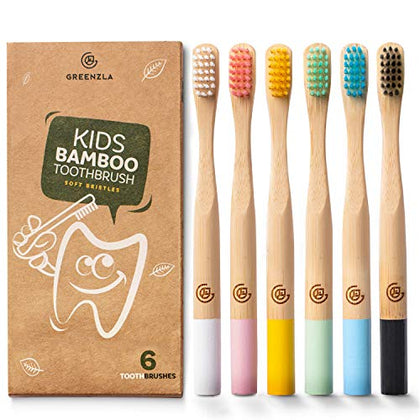 GREENZLA Kids Bamboo Toothbrushes (6 Pack) BPA Free Soft Bristles Eco-Friendly, Natural Toothbrush Set Biodegradable & Compostable Charcoal Wooden