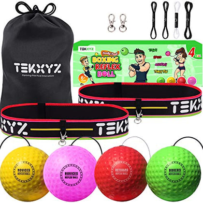TEKXYZ Boxing Reflex Ball Family Pack, 4 Different Boxing Ball with Headband, Perfect for Reaction, Agility, Punching Speed, Fight Skill and Hand Eye Coordination Training