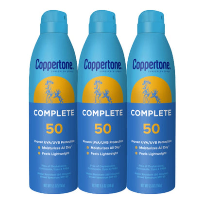 Coppertone COMPLETE SPF 50 Sunscreen Spray, Lightweight, Moisturizing Sunscreen Pack, Water Resistant Spray Sunscreen SPF 50, 5.5 Oz Spray, Pack of 3