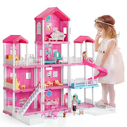 TEMI Doll House with 2 Doll Toy Figures, 4-Story 10 Rooms Dollhouse with Accessories and Furniture, Toddler Playhouse Gift for Kids Ages 3 Toys for 3 4 5 6 Year Old Girls