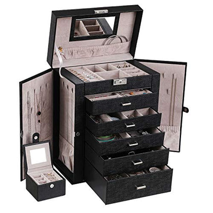ANWBROAD Jewelry Box Jewelry Organizer 6 Tier Jewelery Box for Women Large Jewellery Display Storage Case with Lock Mirror Jewelry case for Earrings Rings Necklaces Bracelets Leather UJJB004B