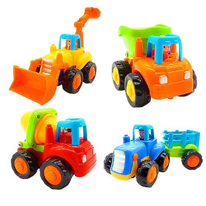 Friction Powered Cars, Push and Go Toy Trucks Construction Vehicles Toys Set for 1 2 3 Year Old Baby Toddlers Beach Dump Truck, Cement Mixer, Bulldozer, Tractor, Early Educational Toys, A Set of 4