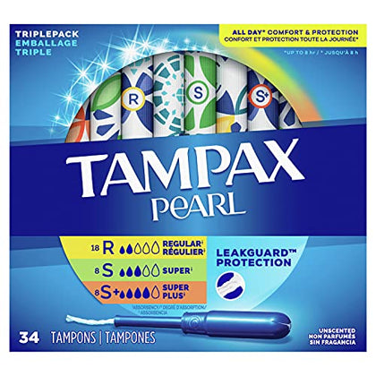 Tampax Pearl Tampons Multipack, Regular/Super/Super Plus Absorbency, With Leakguard Braid, Unscented, 34 Count x 3 Packs (102 Count total)