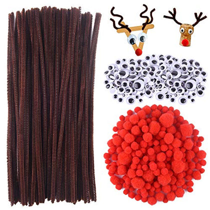 TUPARKA 650 Pcs Christmas Reindeer DIY Craft Set, Including 70 Pcs Brown Pipe Cleaners Chenille, 320 Pcs Googly Eyes, 260 Pcs Red Pom Poms Pompoms Red Noses for Craft