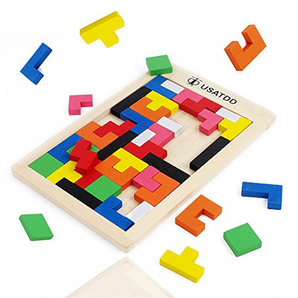 USATDD Wooden Puzzles Blocks Brain Teasers Toy Russian Tangram Colorful Jigsaw Game Montessori Intelligence STEM Preschool Educational Gift for Baby Toddlers Kids 3 4 5 6 7 Years Old Boys Girls 40Pcs