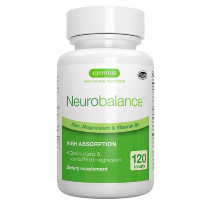 Neurobalance, High Absorption Zinc Magnesium B6 Supplement, Non-GMO Brain, Immune, Sleep & Muscle Recovery, Chelated Zinc Picolinate 24mg, Oxide-Free Magnesium & Vitamin B6, 120 Tablets, by Igennus