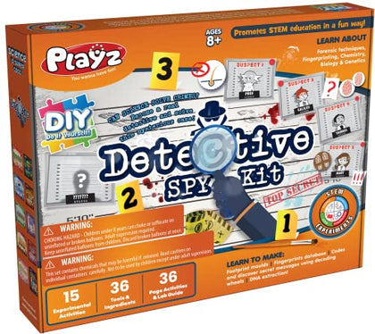 Playz Detective Spy Kit for Kids - 15 Mystery & Forensic Experiment Gadgets, Science Toys, & Spy Ninja STEM Projects for Kids Ages 8-12 - Inspect Crime Scenes, Decode Secret Messages, Extract DNA