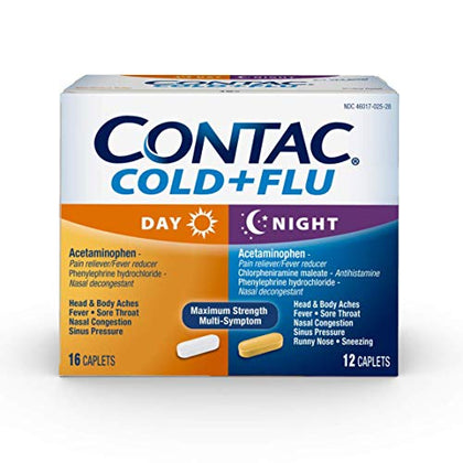 CONTAC Cold + Flu Maximum Strength Acetaminophen Day & Night Multi-Symptom Relief Nasal Congestion, Sinus Pressure, Sore Throat, Body Aches, Runny Nose, Sneezing, Combo, 28 Caplets