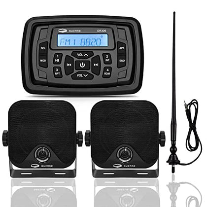 GUZARE Boats Marine Radio Bluetooth and Speakers Audio System Package - Waterproof Marine Stereo Receiver+ 1 Pari 4 inches Black Speakers + Antenna for Boats ATV UTV Motorcycle 306.301B.056B