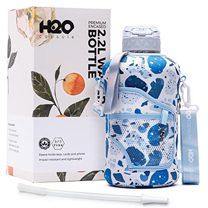 H2O Capsule 2.2L Half Gallon Water Bottle with Storage Sleeve and Removable Straw - BPA Free Large Reusable Drink Container with Handle - Big Sports Jug, 2.2 Liter (74 Ounce), Blue Collage