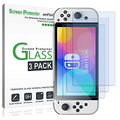 amFilm Screen Protector Compatible with Nintendo Switch OLED model 2021, Tempered Glass, 3 Pack
