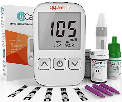OhCare Lite Blood Sugar Test Kit - Blood Glucose Meter with Strips and Lancets, Lancing Device, Log, and Case - One Touch Eject Glucometer (110 Strips, 125 Lancets, & Control Solution)