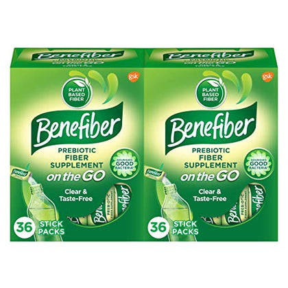 Benefiber On The Go Prebiotic Fiber Supplement Powder for Digestive Health, Daily Powder, Unflavored Stick Packs - 36 Sticks (Pack of 2)