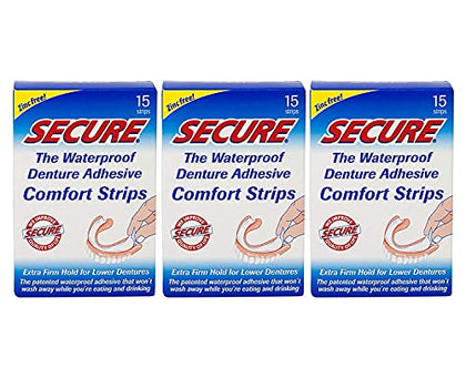 Secure Comfort Strips Waterproof Denture Adhesive - Zinc Free - Extra Firm Hold For Lower Dentures - 15 Strips (Pack of 3)