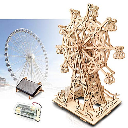 Solar 3D Wooden Puzzles for Adults Birthday Gifts for Kids Ages 6-8-10-12-14 Ferris Wheel DIY Model Kit Educational Puzzle Building Toys STEM Projects Science Experiments