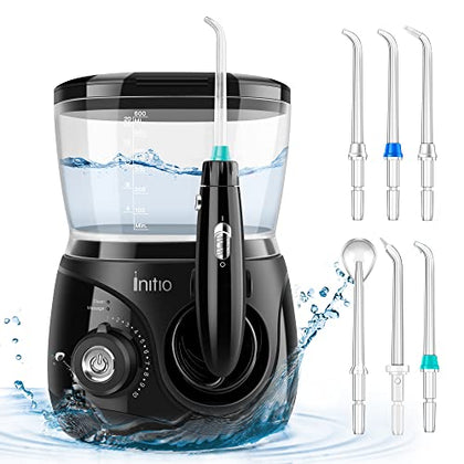 Initio Water Dental Flosser 2 Modes, 10 Adjustable Modes,Oral Irrigator with 600ML Detachable Water Tank, 6 Multifunctional Jet Tips,Water Dental Pick for Braces Care,Teeth Cleaner,Black