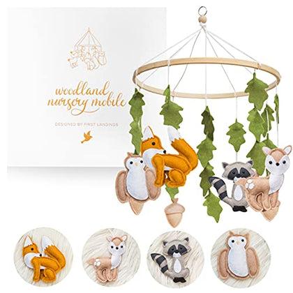 First Landings Woodland Baby Mobile for Crib - Baby Nursery Mobiles - Woodland Nursery Decor Theme - Gender Neutral Baby Stuff - Animals Forest Nursery Decor Baby Mobile - Woodland Baby Stuff
