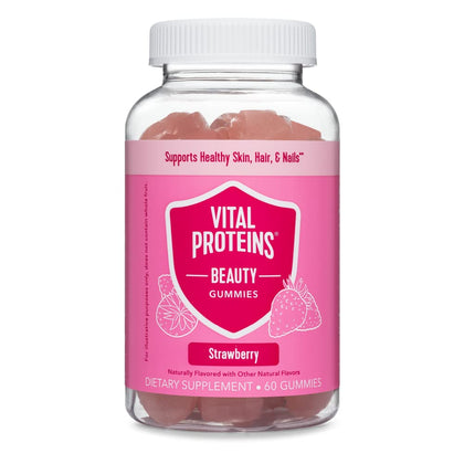 Vital Proteins Beauty Gummies, 2500mcg Biotin, Vitamin A, Zinc Supplement, Helps Supporth Healthy Hair, Skin, and Nails, 60 ct, 30-Day Supply, Strawberry Flavor