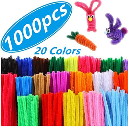 1,000 Pipe Cleaners in 20 Colors Pipe Cleaners Value Pack of Multicolor Chenille Stems for DIY Arts and Craft Projects and Decorations - 6 mm x 12 inch