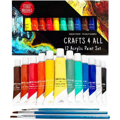 Acrylic Paint Set for Adults and Kids - 12 Pack of 12mL Paints with 3 Art Brushes, Non-Toxic Craft Paint, Halloween Pumpkin Painting Kit - Canvas, Ceramic, Rock Paint - Art Supplies