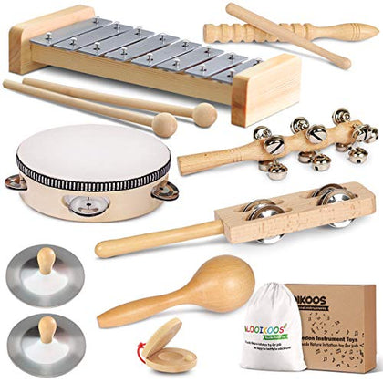 LOOIKOOS Toddler Musical Instruments, Eco Friendly Musical Set for Kids Preschool Educational, Natural Wooden Percussion Instruments Musical Toys for Boys and Girls with Storage Bag