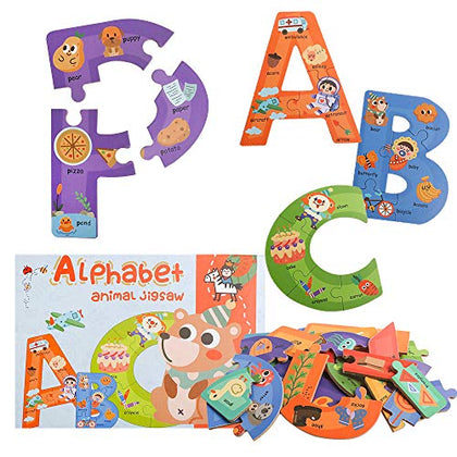 Wooden Jumbo Alphabet ABC Letter Toddler Puzzles Color Shape Animals Recognition Montessori STEM Jigsaw Preschool Learning Educational Toy for Kids 3 4 5 Years Old Boys Girls Gift