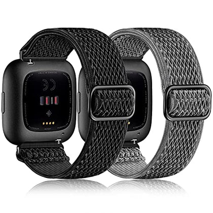 Fuleda Elastic Bands Compatible with Fitbit Versa 2 Band Women Men, 2Pack Soft Adjustable Nylon Breathable Sport Band for Versa/Versa 2/Versa Lite/SE Smartwatch Loop Stretchy Wristband, Black & Gray