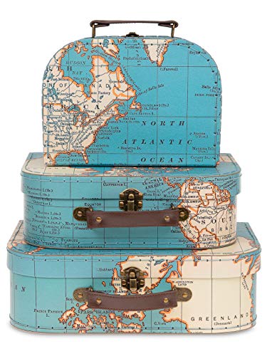 Jewelkeeper Paperboard Suitcases, Set of 3 Vintage Decorative Storage Box - Luggage Decor Storage - Gift Boxes for Birthday, Weddings, Christmas Old Home Decoration - Vintage World Map Design