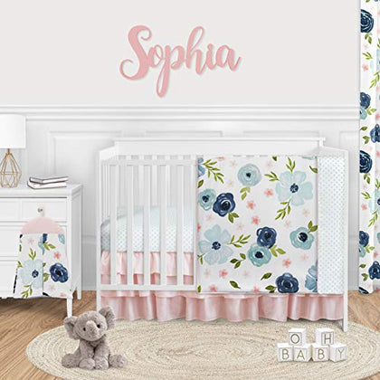 Sweet Jojo Designs Navy Blue and Pink Watercolor Floral Baby Girl Nursery Crib Bedding Set - 4 Pieces - Blush, Green and White Shabby Chic Rose Flower Polka Dot