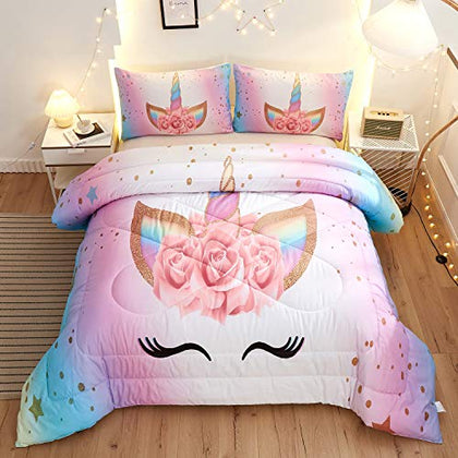 Namoxpa Unicorn Bedding 3 Piece Flower Girl Comforter Sets,Cartoon Unicorn Bedspreads Cute Comforter Sets for Teens and Girls,Twin Size