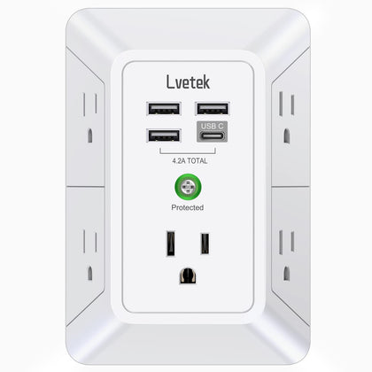 USB Wall Charger?LVETEK Surge Protector 5 Outlet Extender with 4 USB Ports (1 USB C Outlet) 3 Sided 1680J Power Strip Multi Plug Outlets Wall Adapter Spaced for Home Travel Office ETL Listed