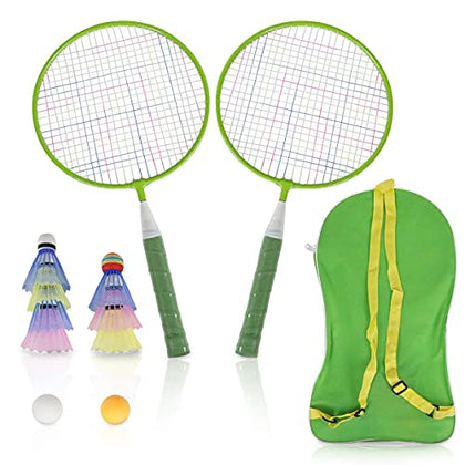 STSTECH, Badminton Rackets for Kids,Lightweight Badminton Racquet Game Set with Birdies,Tabel Tennis Balls and Carry Bag for Outdoor Indoor Sport (Green05,Set of 2)