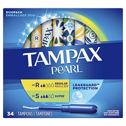 Tampax Pearl Tampons Multipack, Regular/Super Absorbency, With Leakguard Braid, Unscented, 34 Count