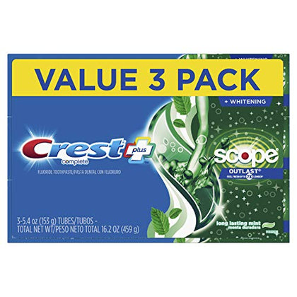 Crest Complete Whitening + Scope, Long Lasting Mint Toothpaste, Triple Pack (3 Count of 5.4 oz Tubes), 16.2 oz
