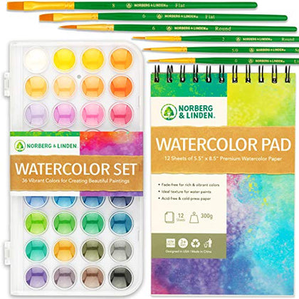 Norberg & Linden Watercolor Paint Set - 36 Premium Paints - 12 Page Pad - 6 Brushes - Painting Supplies with Palette, Watercolors, Art Pad Paper and Artist Brushes