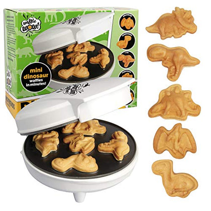 Dinosaur Mini Waffle Maker - 5 Different 3D Shaped Dinos in Minutes- Make Fun Holiday Breakfast for Kids, Adults w Cool Novelty Pancakes, Electric Non-Stick Waffler Iron with Recipe Guide, Xmas Gift