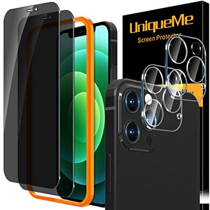 UniqueMe [2+2 Pack] Compatible with iPhone 12 Pro Max Privacy Screen Protector, Tempered Glass 6.7-inch and Camera lens Protector, Anti Spy [Easy Installation Frame] [Precise Cutout] Bubble Free